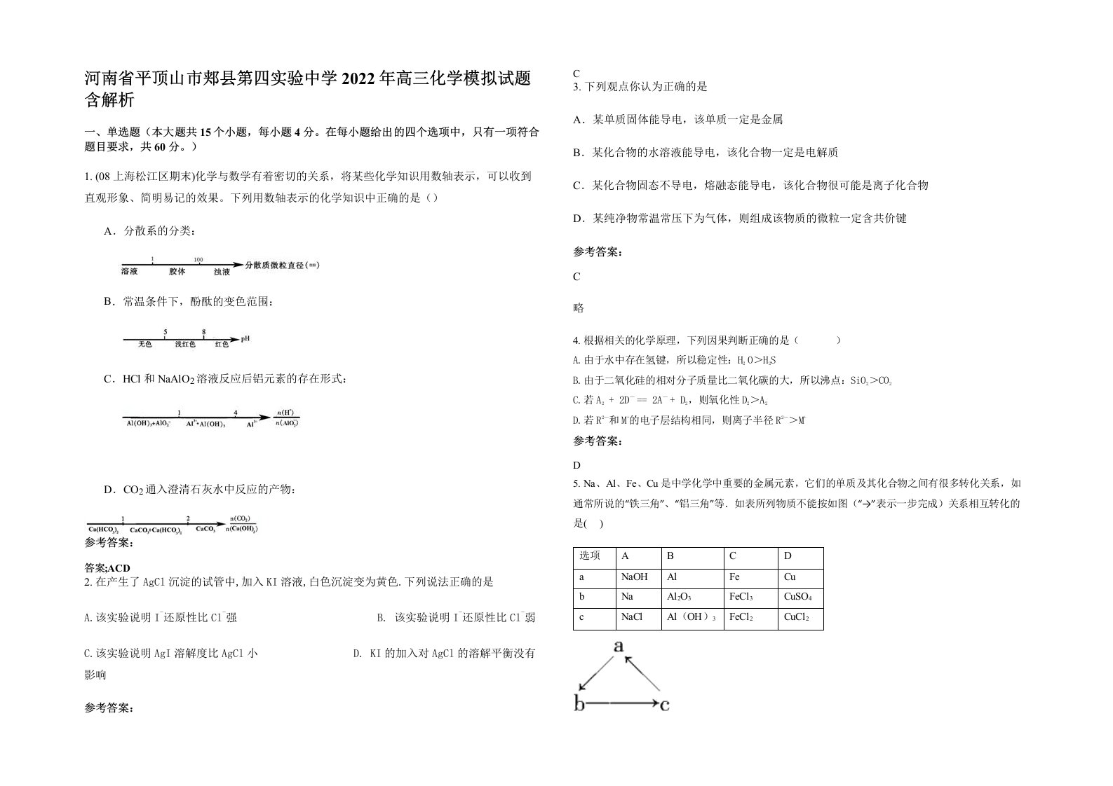 河南省平顶山市郏县第四实验中学2022年高三化学模拟试题含解析