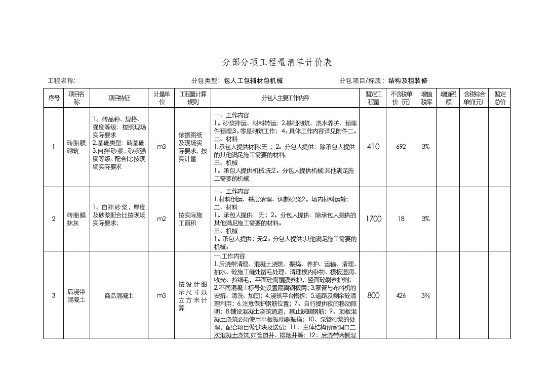 分部分项工程量清单计价表-主体劳务