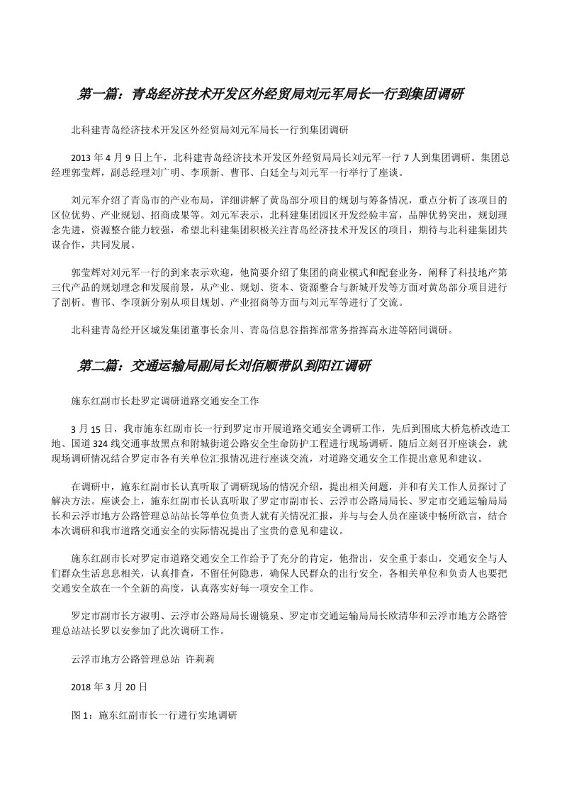 青岛经济技术开发区外经贸局刘元军局长一行到集团调研（共5篇）[修改版]