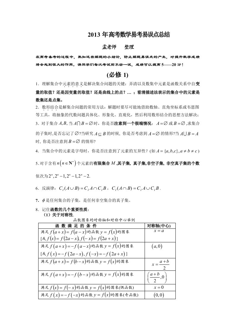 2013数学高考易考易误点特别提醒(新课标版)