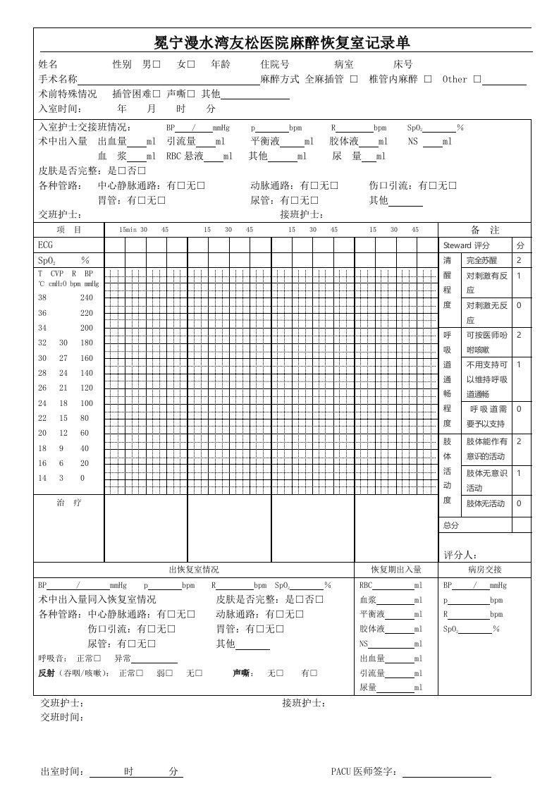 麻醉恢复室记录单