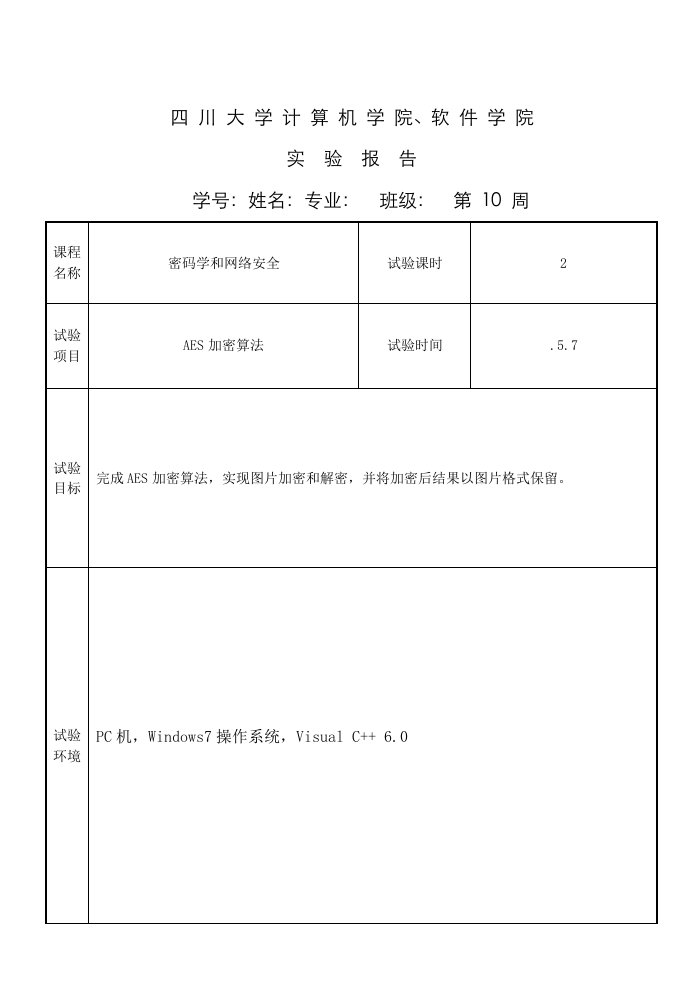 AES加密算法实验报告样稿