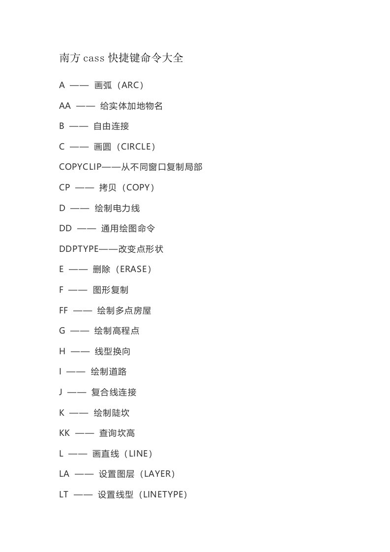 南方cass快捷键命令大全