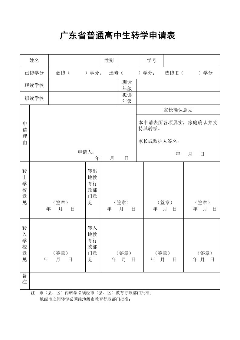 广东省普通高中生转学申请表