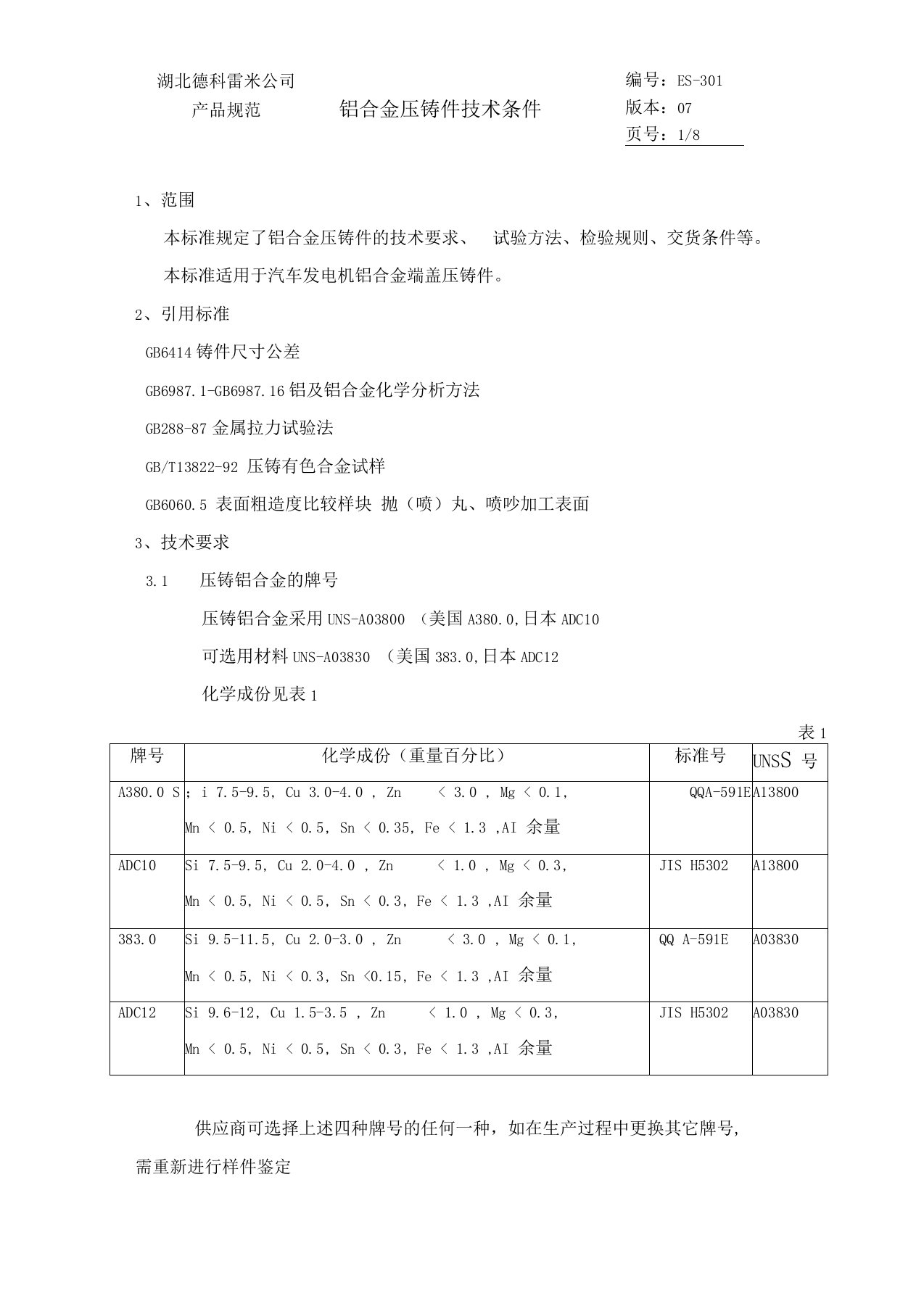 铝合金压铸技术要求