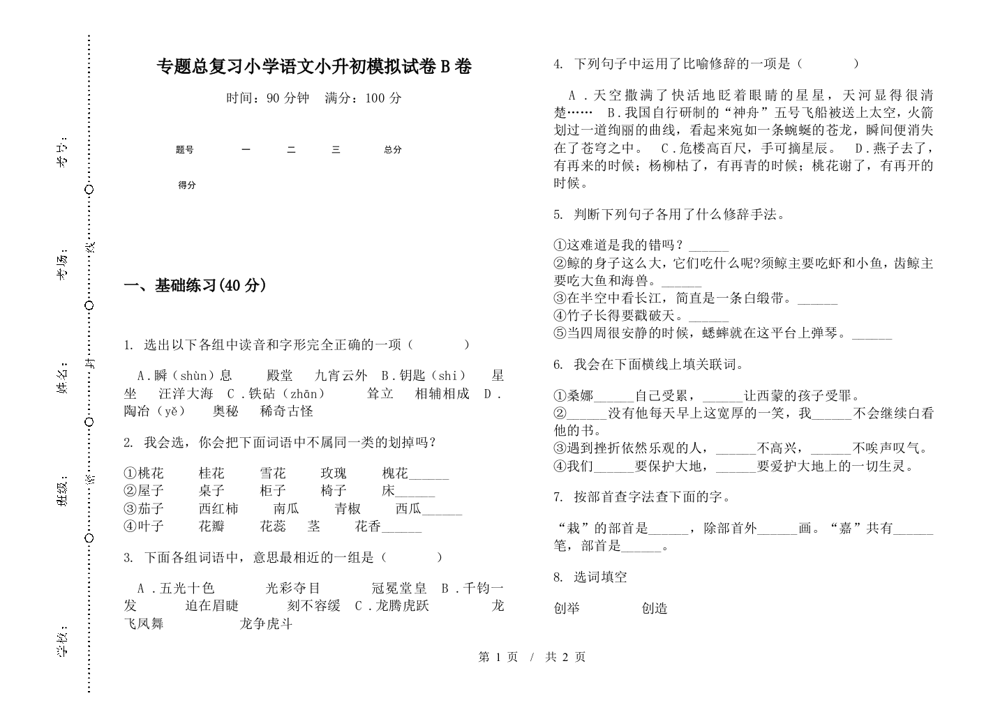 专题总复习小学语文小升初模拟试卷B卷