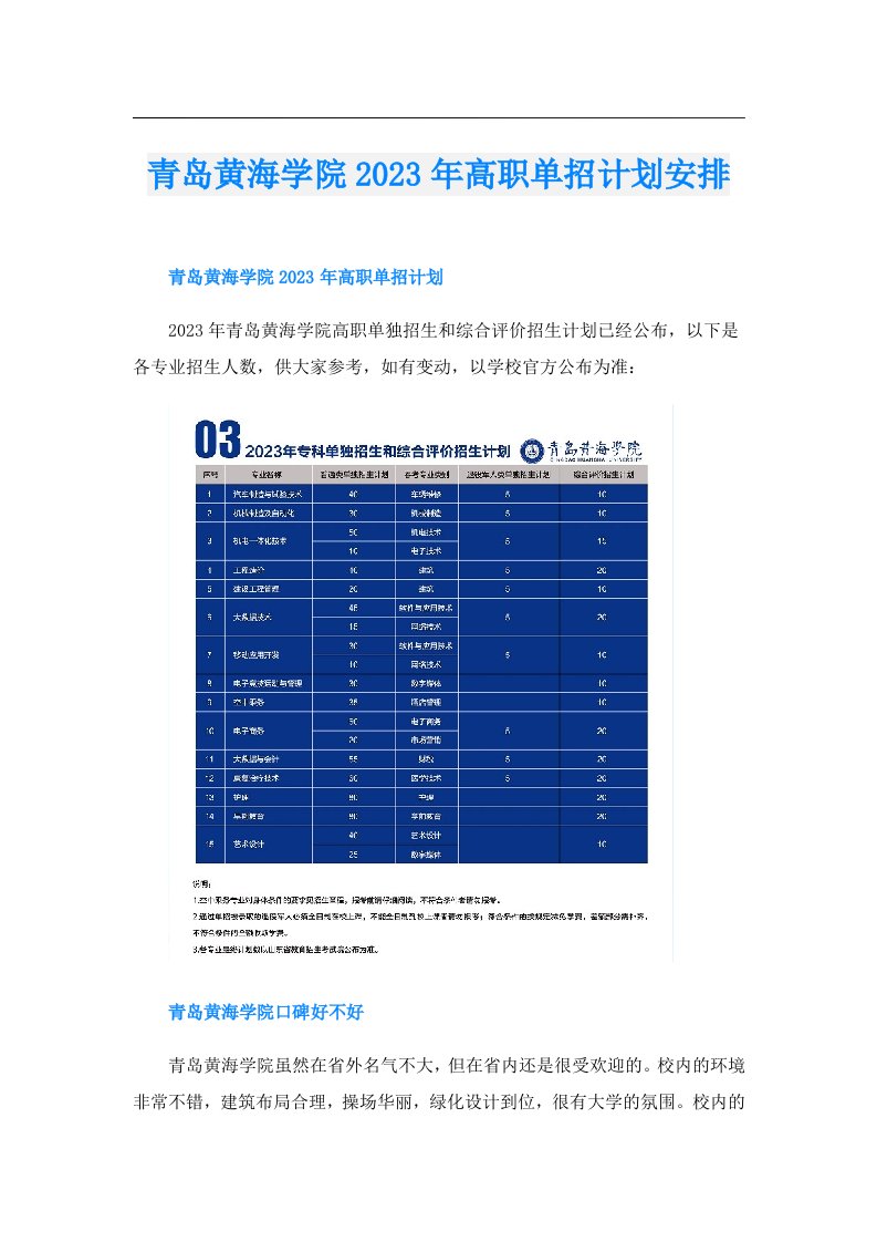 青岛黄海学院高职单招计划安排