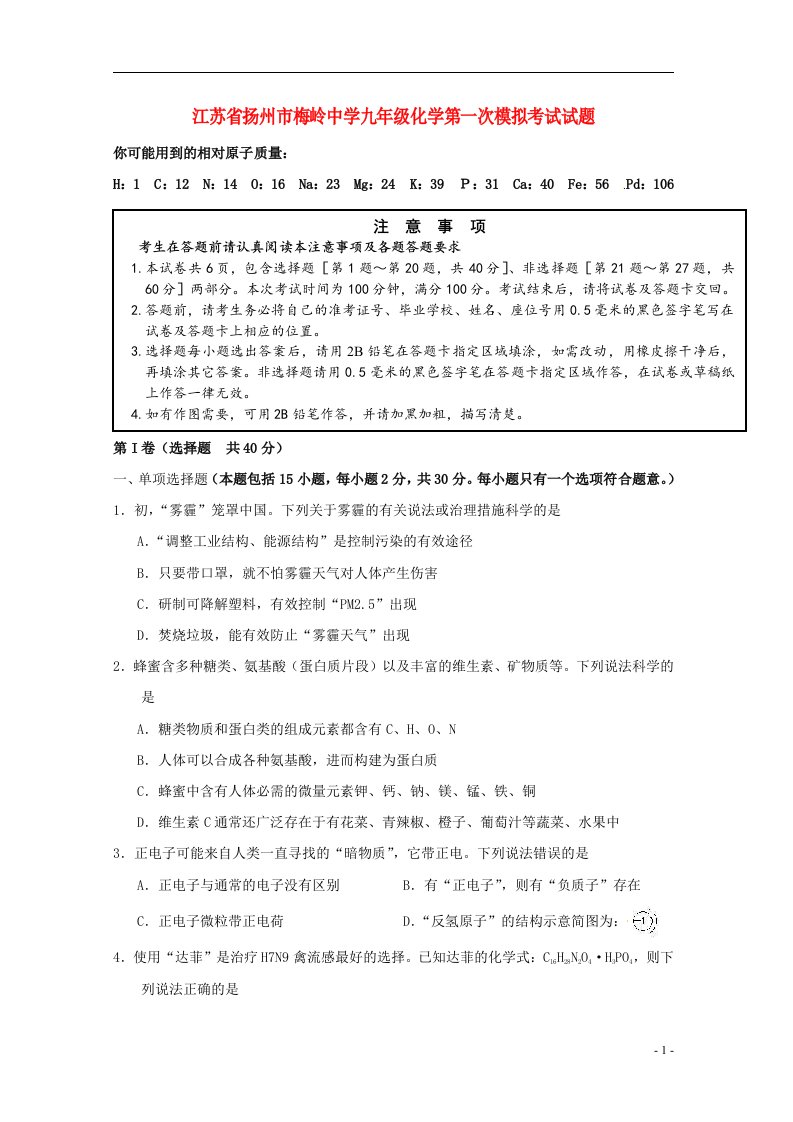 江苏省扬州市梅岭中学九级化学第一次模拟考试试题