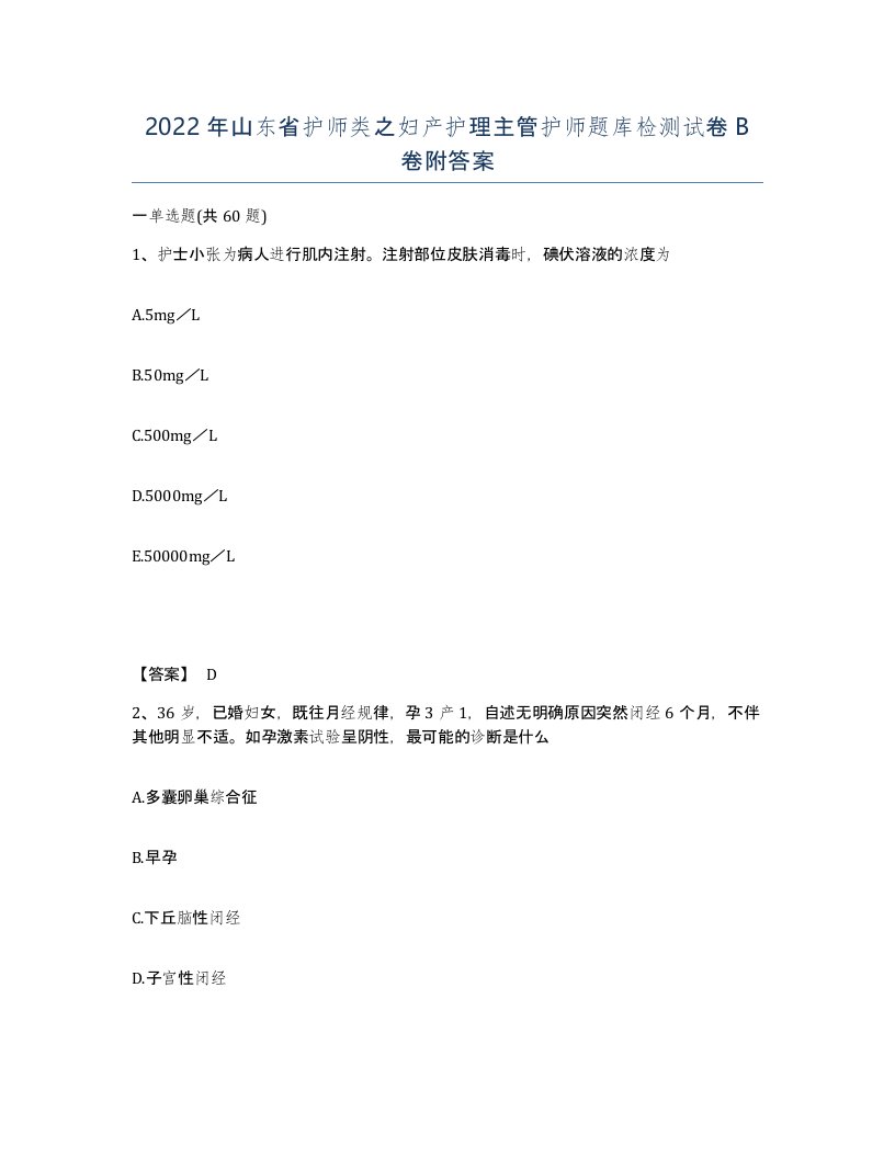 2022年山东省护师类之妇产护理主管护师题库检测试卷B卷附答案