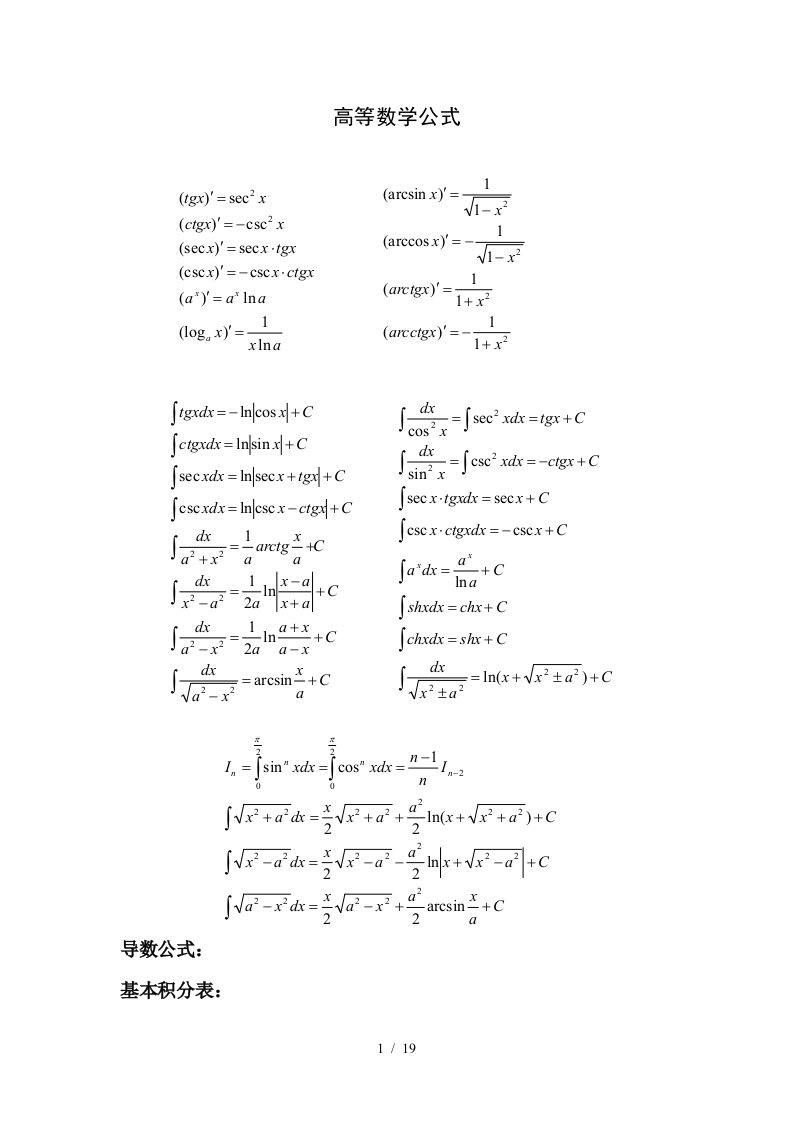 高等数学公式大全以及初等函数图像