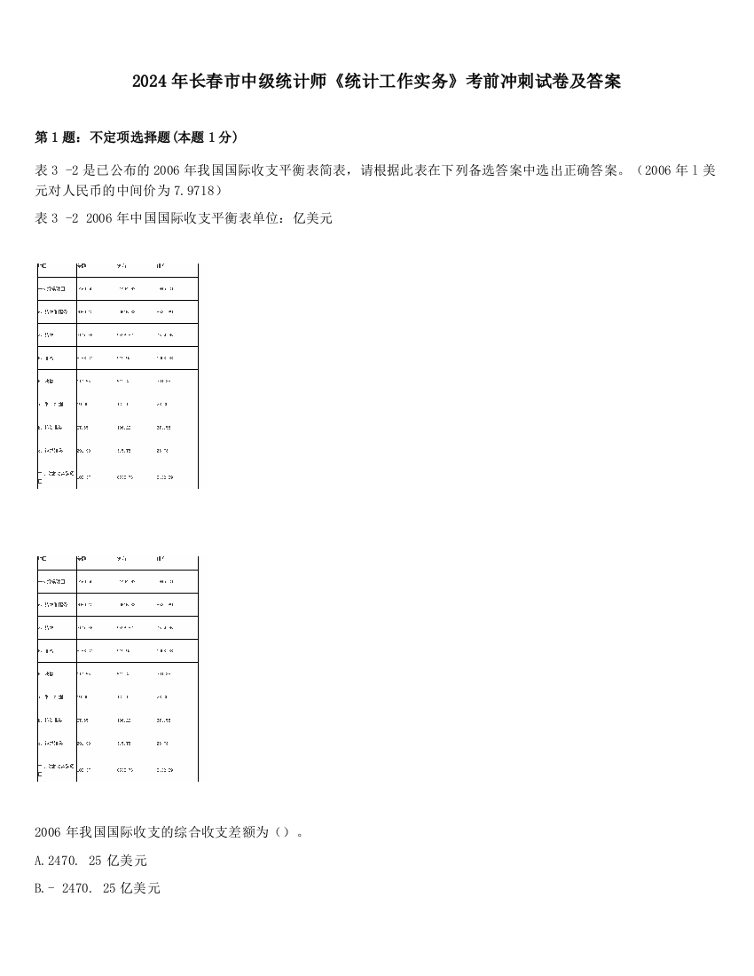 2024年长春市中级统计师《统计工作实务》考前冲刺试卷及答案