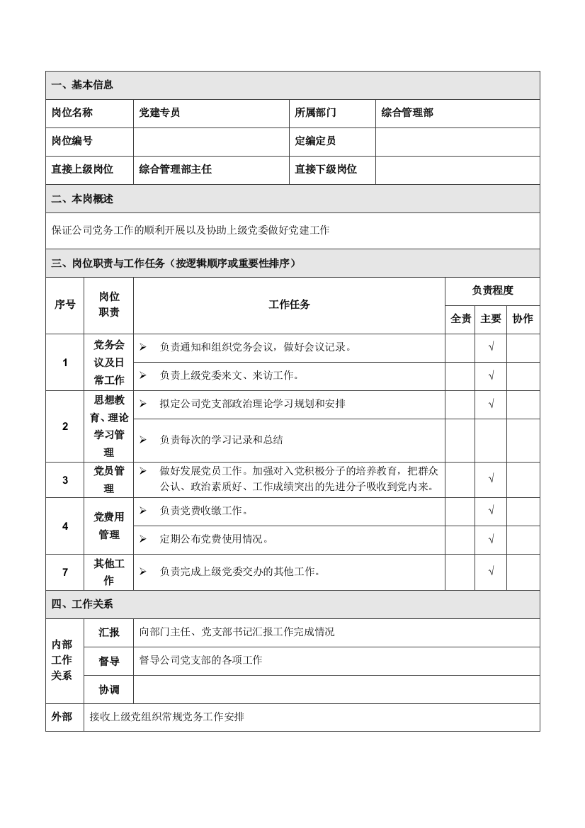 综合管理部党建岗位说明书