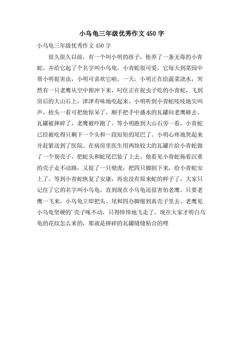 小乌龟三年级作文450字