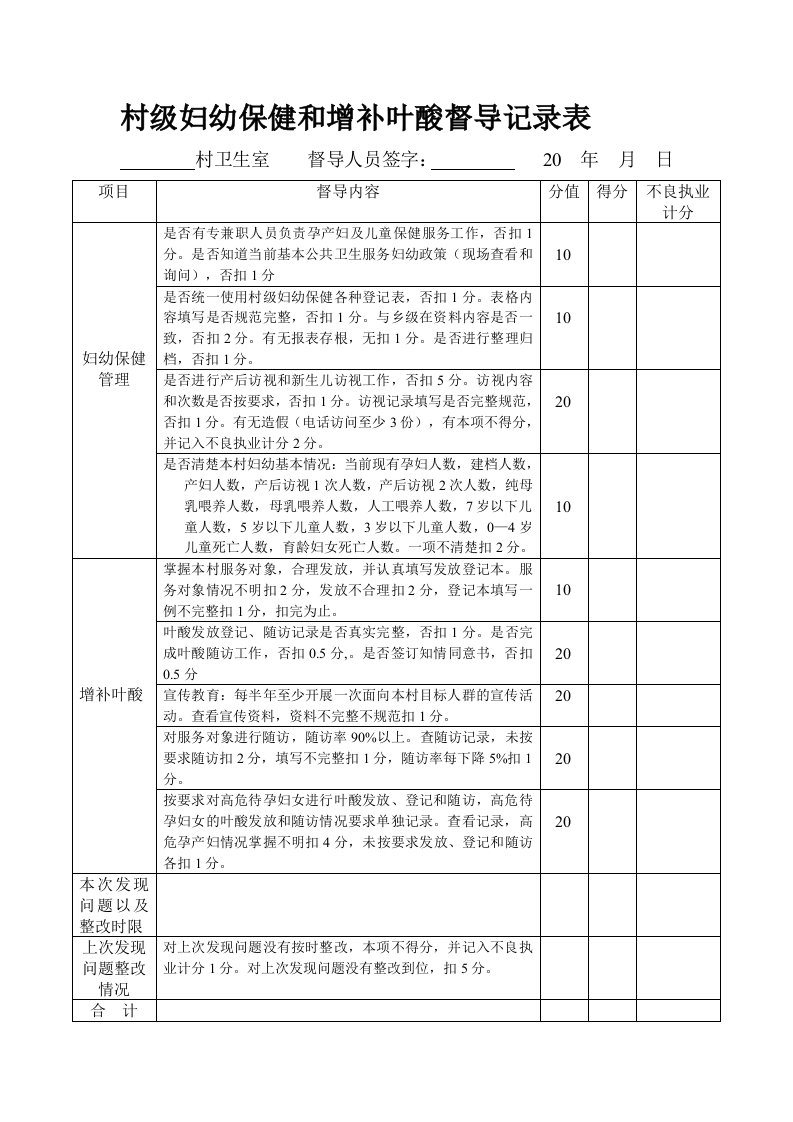 村级妇幼保健和增补叶酸督导记录表