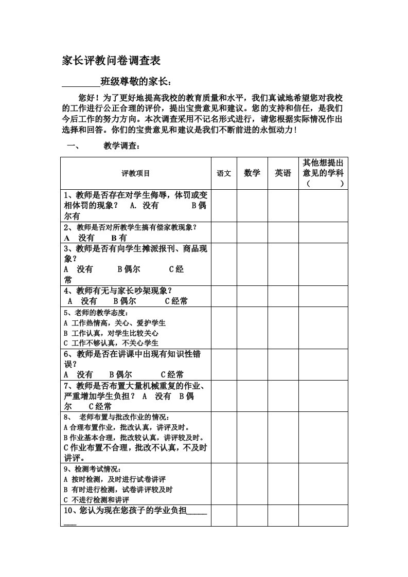 家长评教问卷调查表