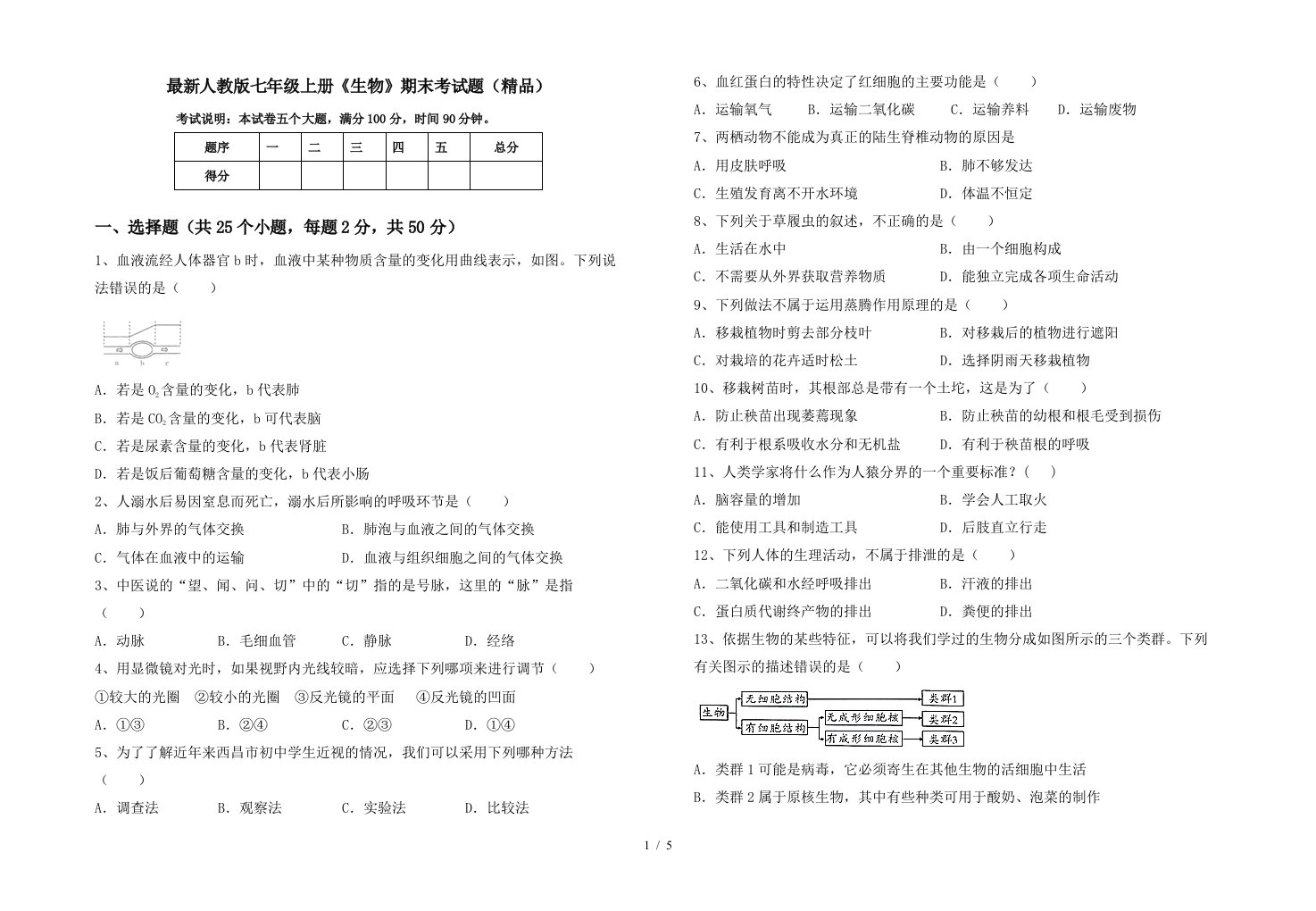 最新人教版七年级上册《生物》期末考试题(精品)