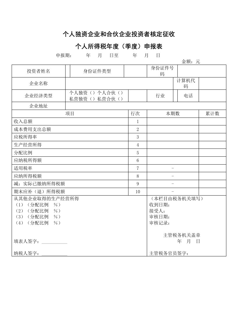 表格模板-2个人独资企业和合伙企业投资者个人所得税征收方式鉴定表