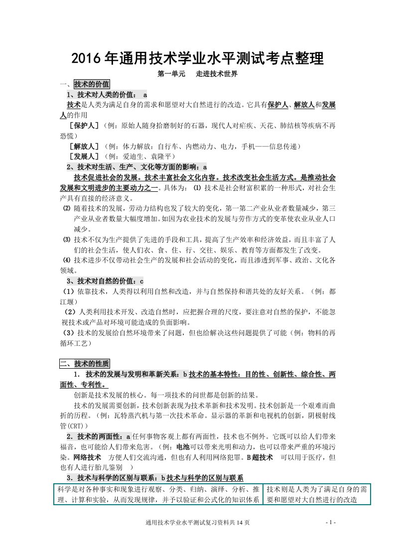 2016通用技术学业水平测试复习资料