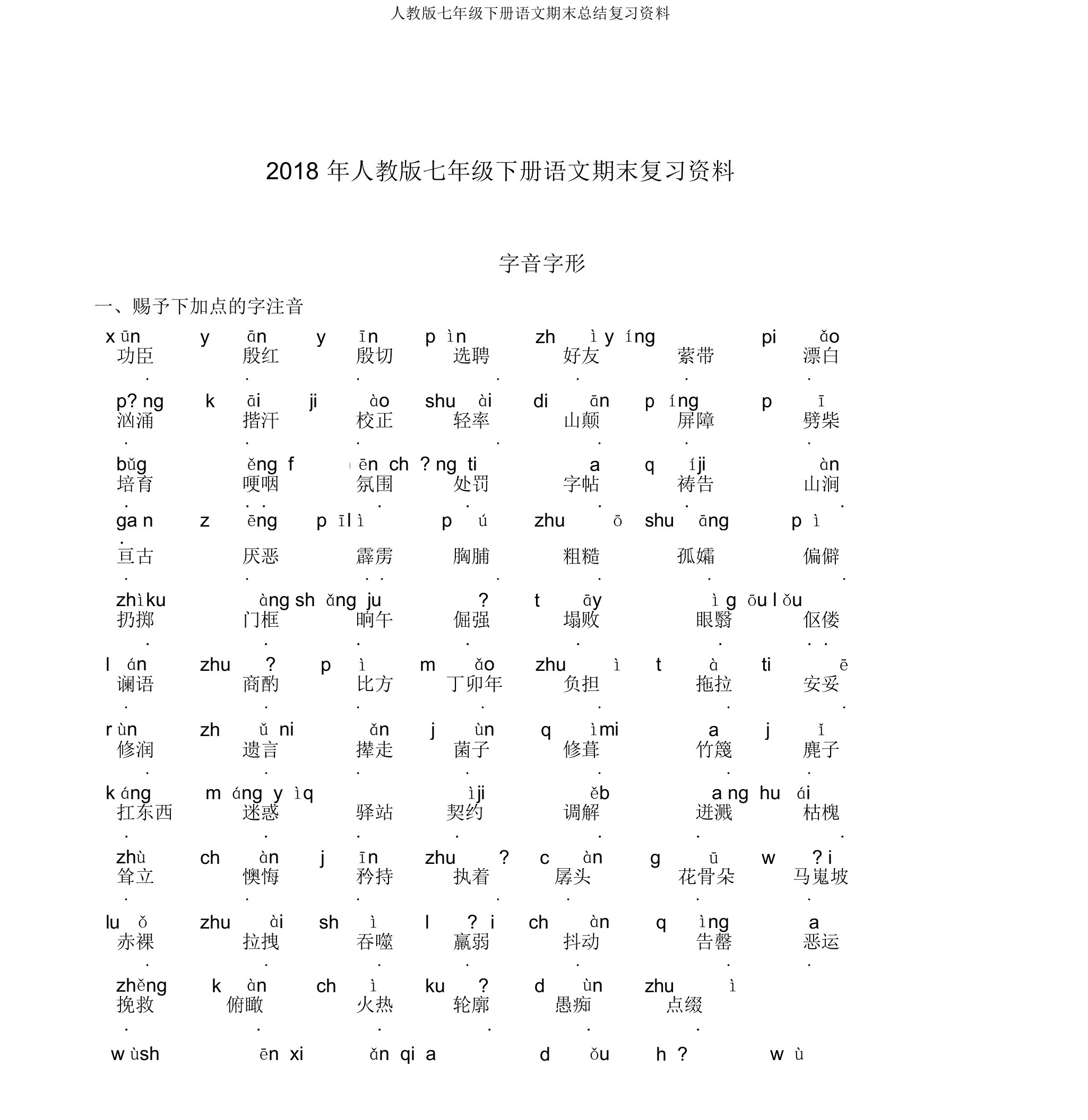 人教版七年级下册语文期末总结复习资料