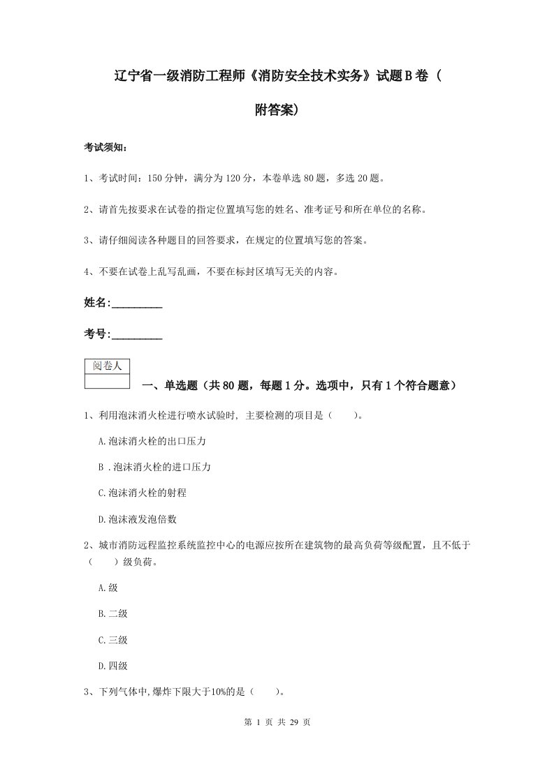 辽宁省一级消防工程师《消防安全技术实务》试题b卷