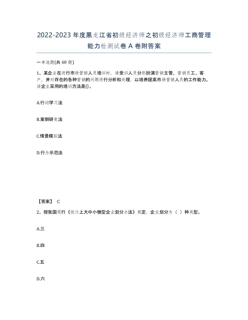 2022-2023年度黑龙江省初级经济师之初级经济师工商管理能力检测试卷A卷附答案