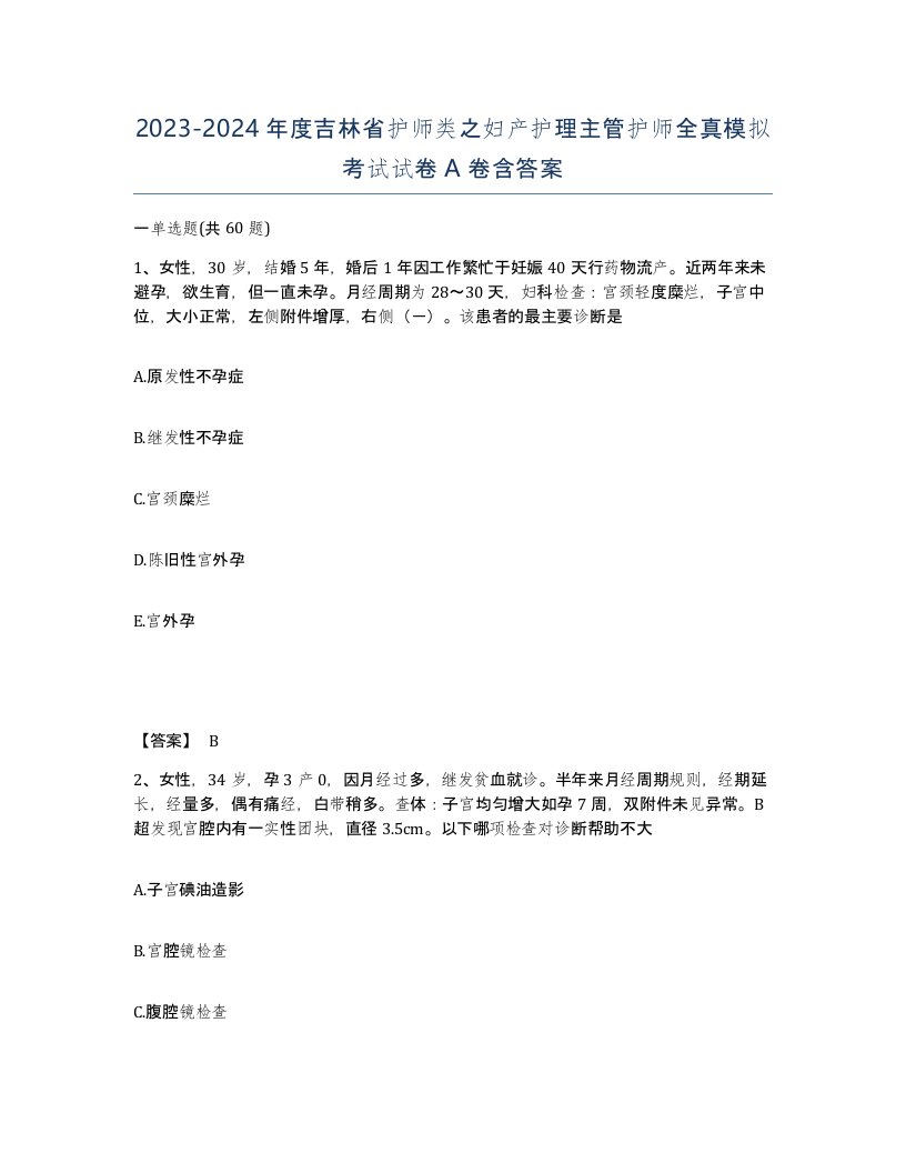 2023-2024年度吉林省护师类之妇产护理主管护师全真模拟考试试卷A卷含答案