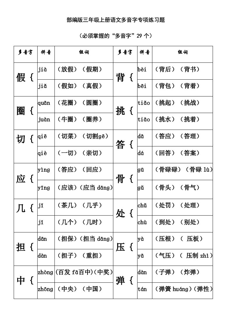 部编版三年级上册语文多音字专项练习题