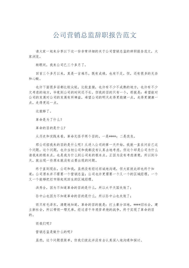 总结报告公司营销总监辞职报告范文