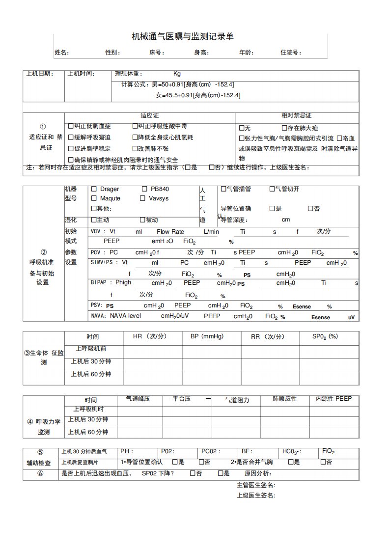 机械通气医嘱与监测记录单