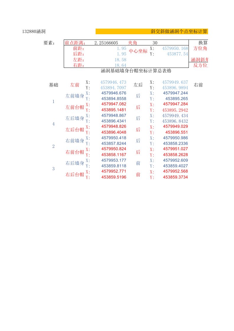 斜交斜做涵洞个点坐标计算