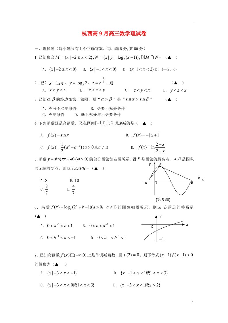 浙江省杭州市西湖高级中学高三数学9月月考试题