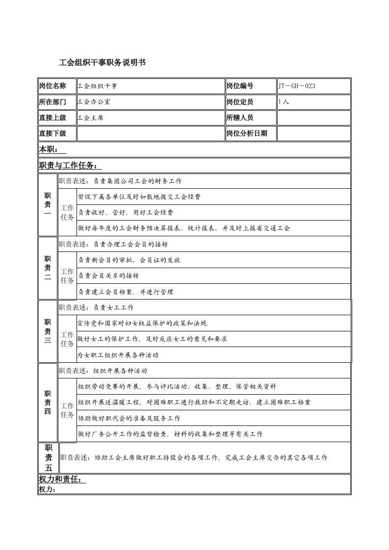 工会办公室工会组织干事岗位描述