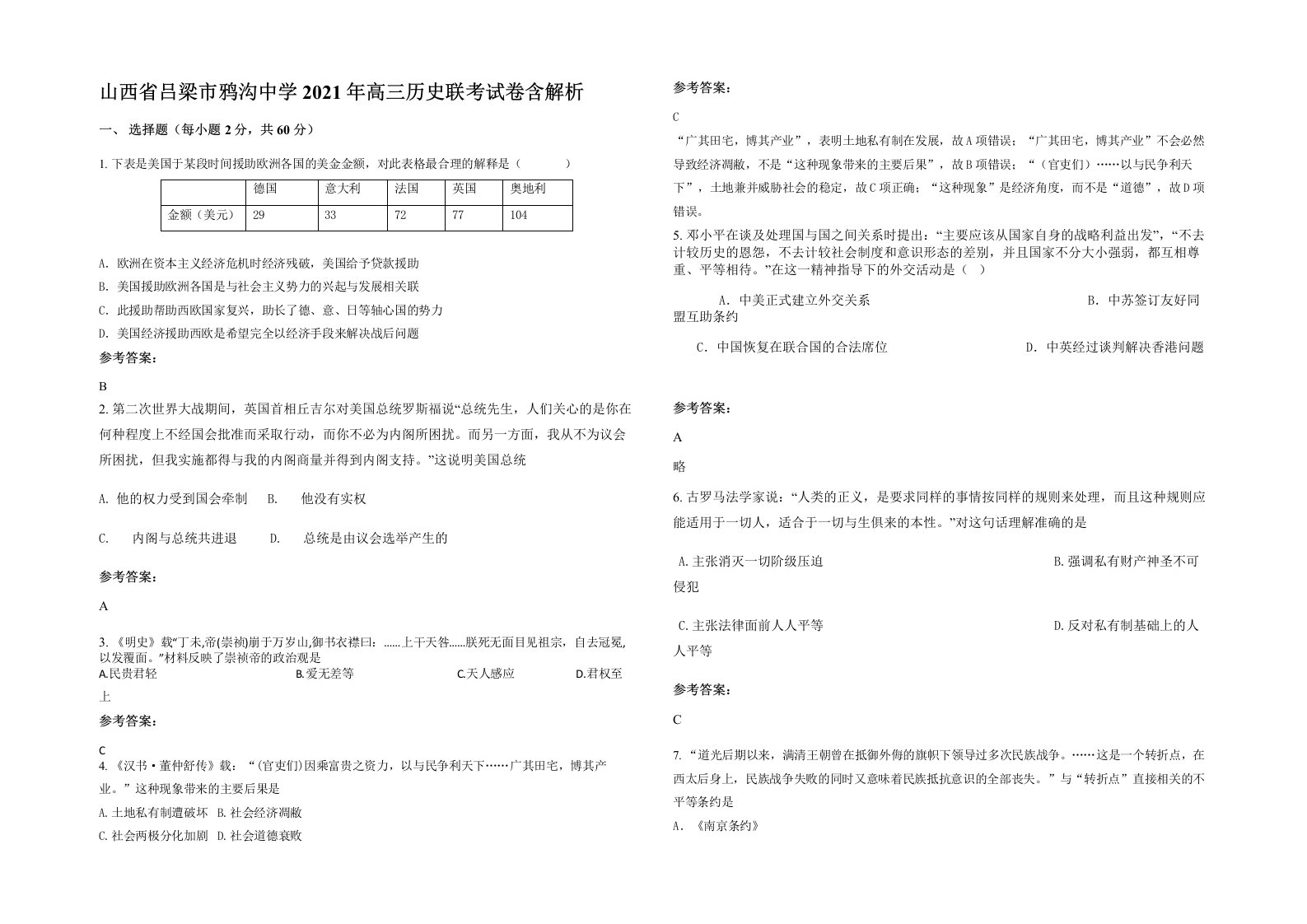 山西省吕梁市鸦沟中学2021年高三历史联考试卷含解析