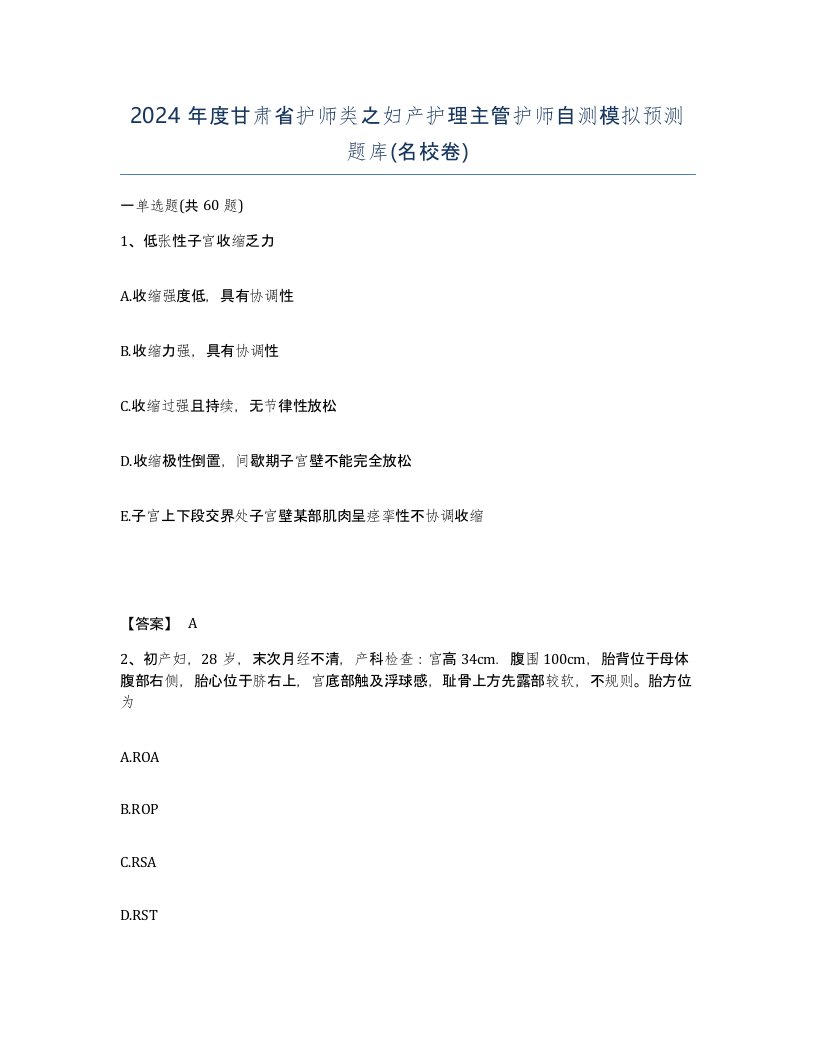 2024年度甘肃省护师类之妇产护理主管护师自测模拟预测题库名校卷