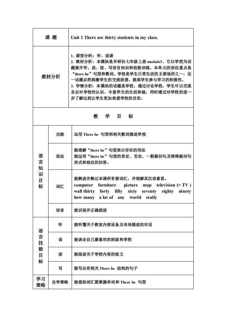 外研社初中英语七年级上册教学设计modle3Unit1