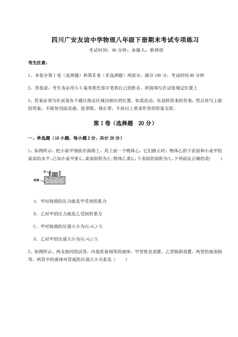 2023-2024学年四川广安友谊中学物理八年级下册期末考试专项练习练习题（含答案解析）