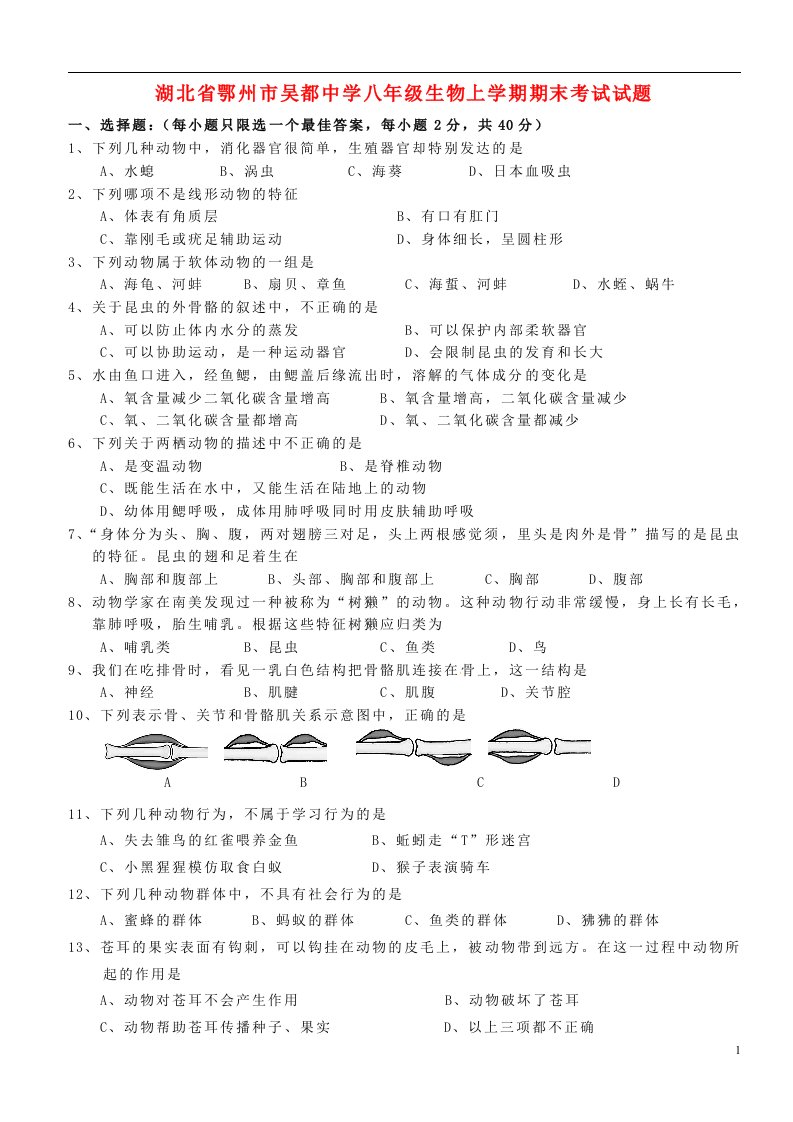 湖北省鄂州市吴都中学八级生物上学期期末考试试题