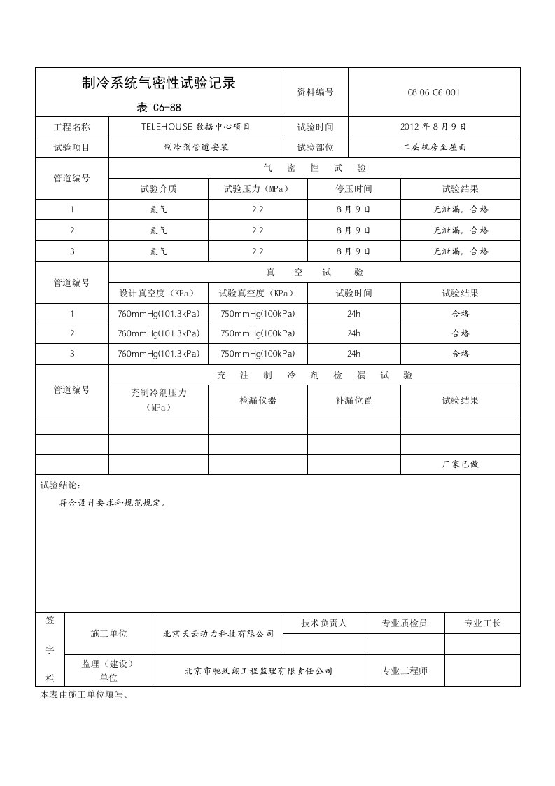 制冷系统气密性试验记录