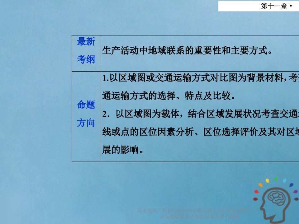 高考地理一轮复习第11章交通运输布局及其影响第三十一讲交通运输方式以及布局课件新人教版