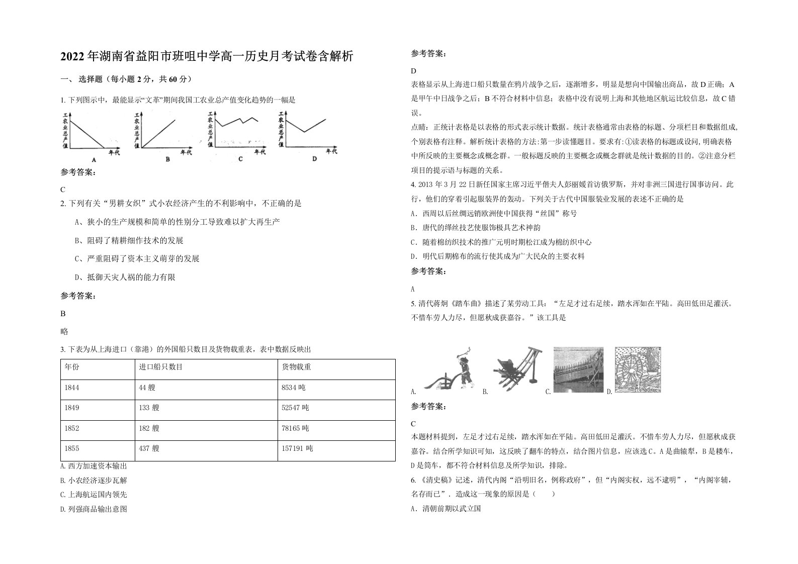 2022年湖南省益阳市班咀中学高一历史月考试卷含解析