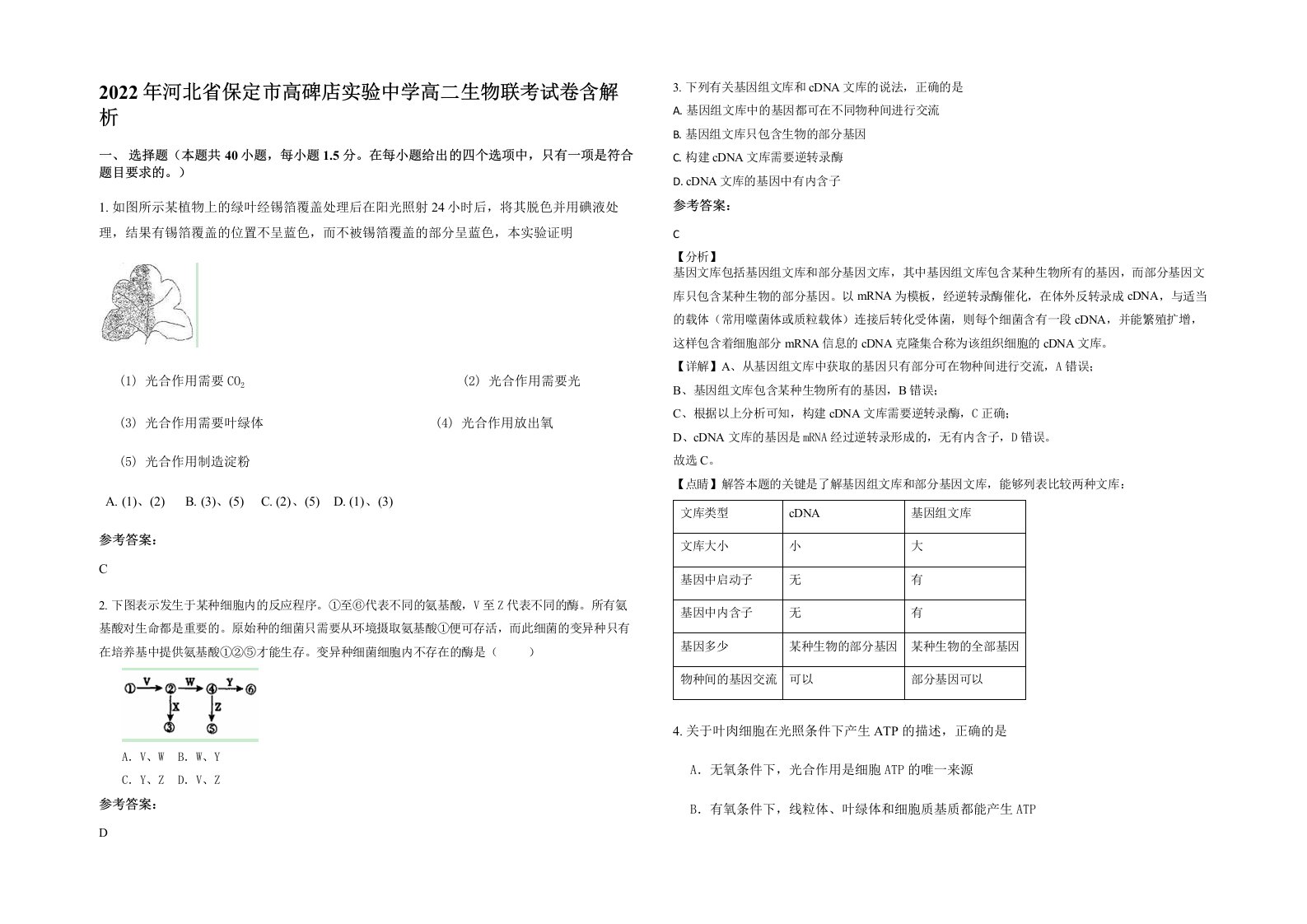 2022年河北省保定市高碑店实验中学高二生物联考试卷含解析