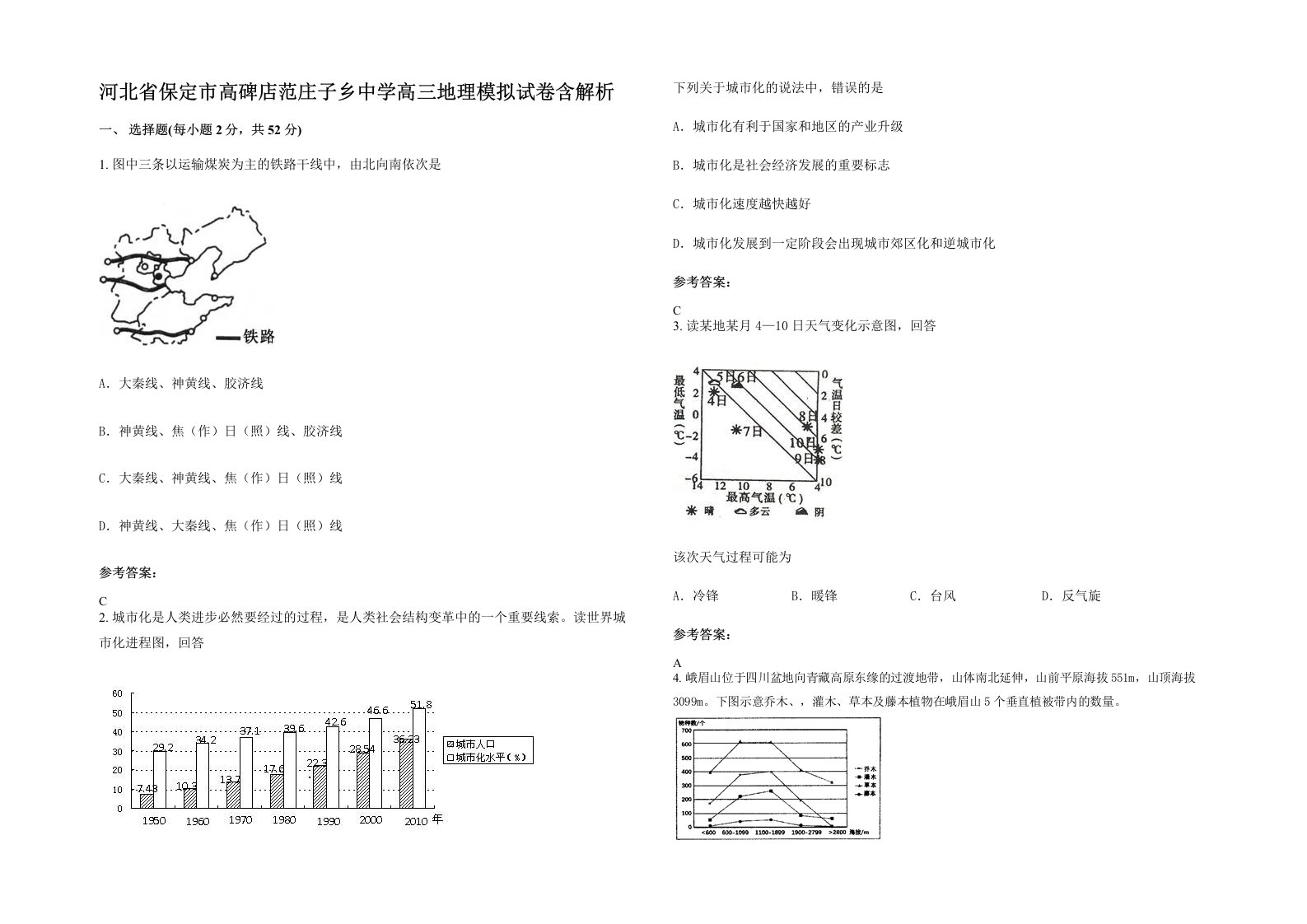 河北省保定市高碑店范庄子乡中学高三地理模拟试卷含解析