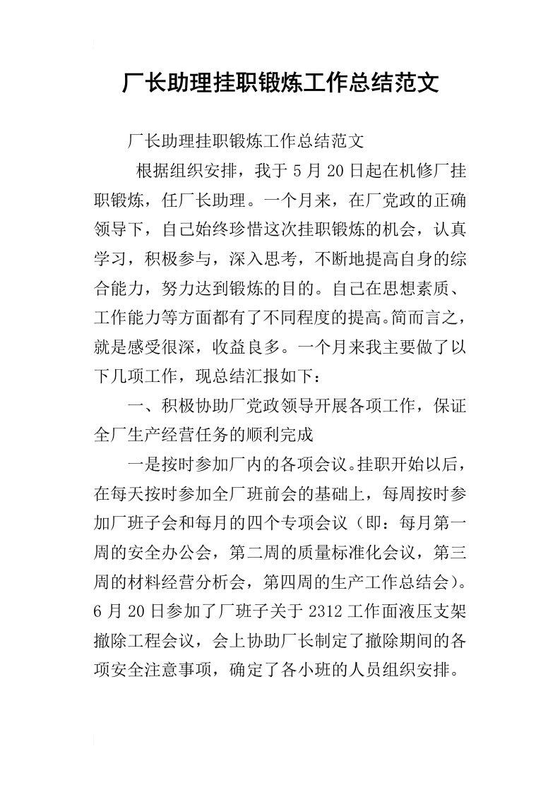 厂长助理挂职锻炼工作总结范文