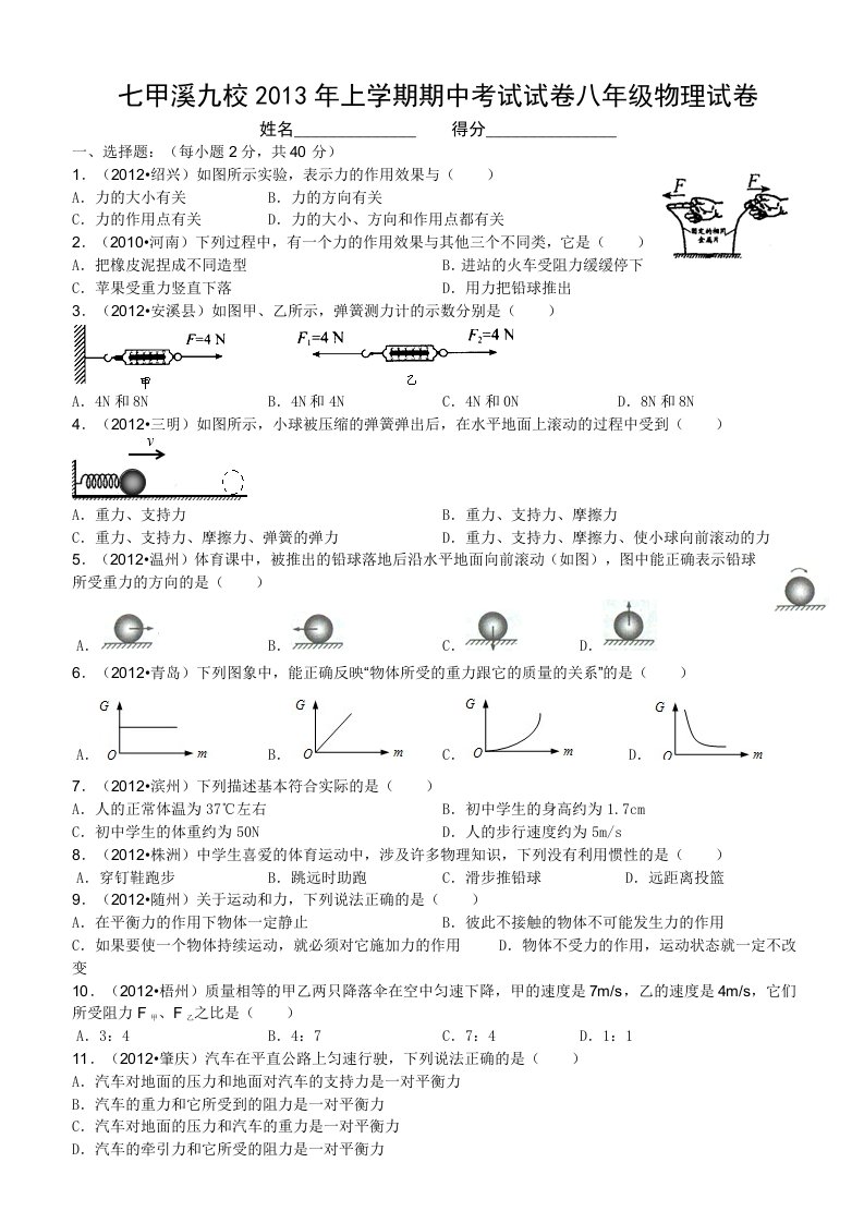 2013年上学期期中考试试卷八年级物理