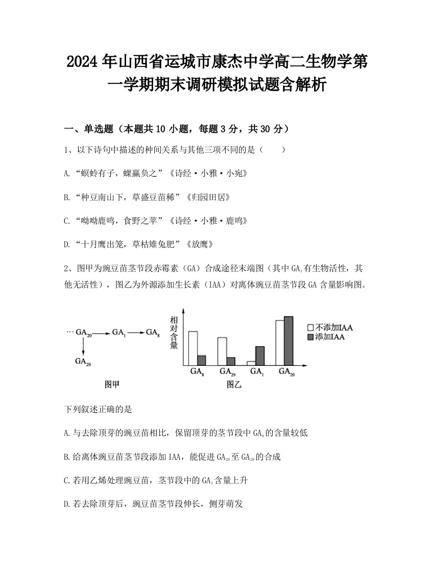 2024年山西省运城市康杰中学高二生物学第一学期期末调研模拟试题含解析