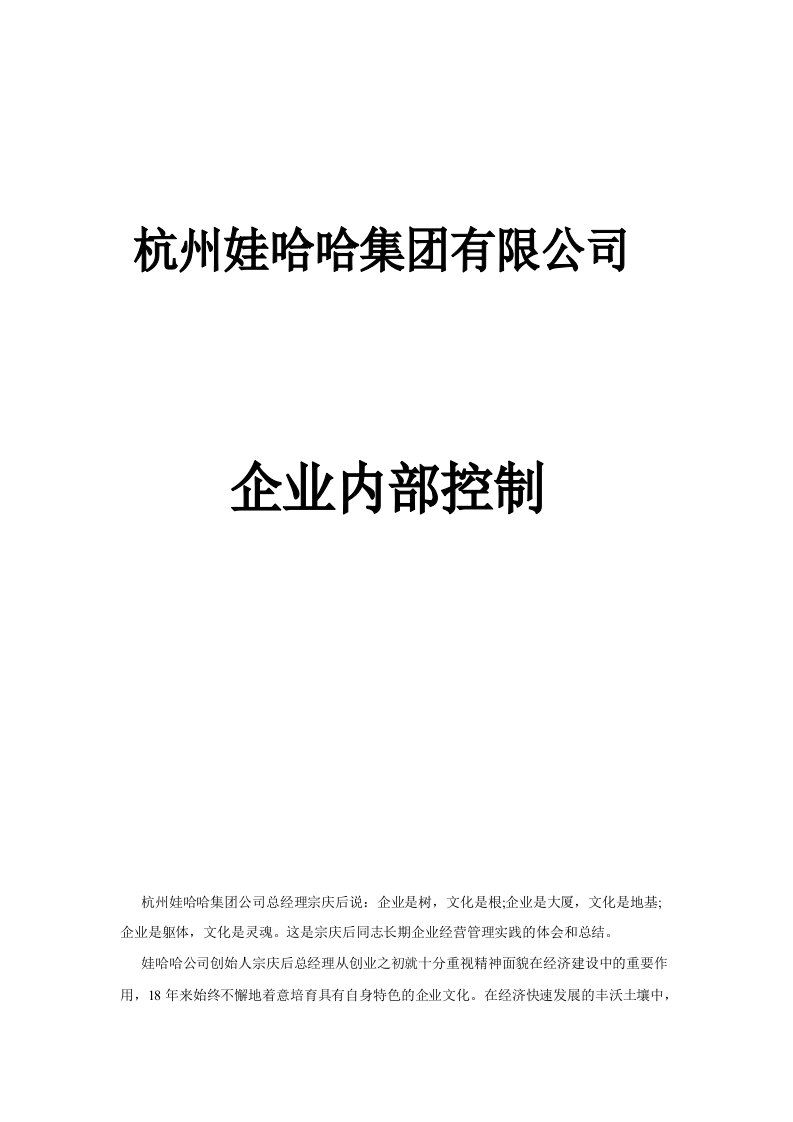 娃哈哈集团有限公司企业内部控制