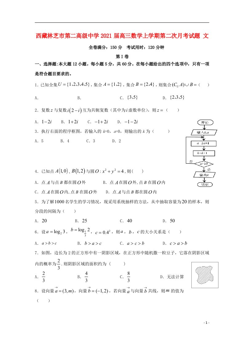 西藏林芝市第二高级中学2021届高三数学上学期第二次月考试题文