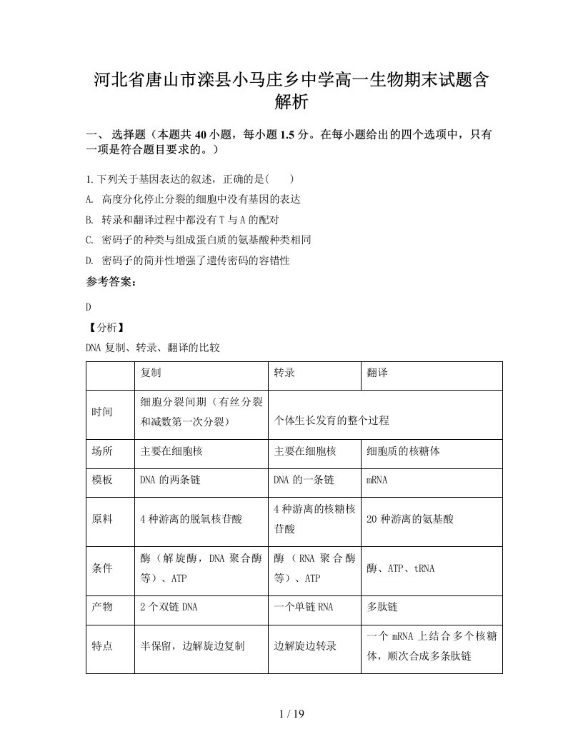 河北省唐山市滦县小马庄乡中学高一生物期末试题含解析