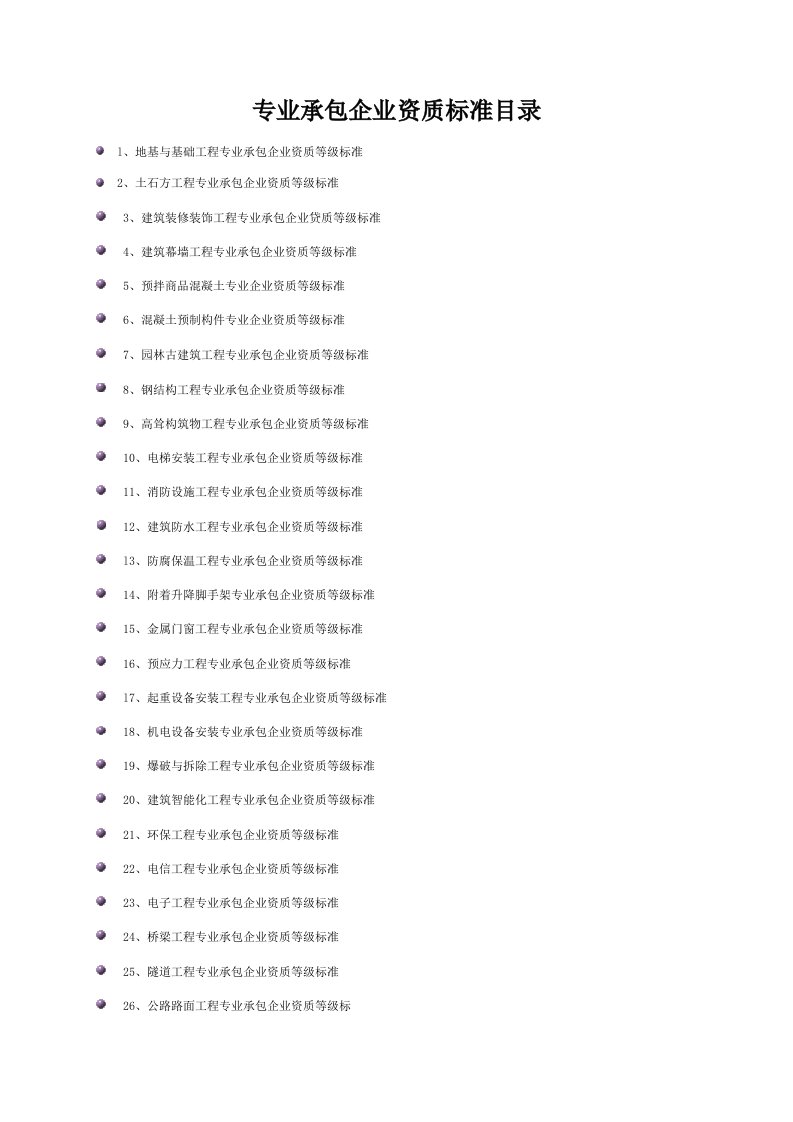 专业承包企业资质标目录