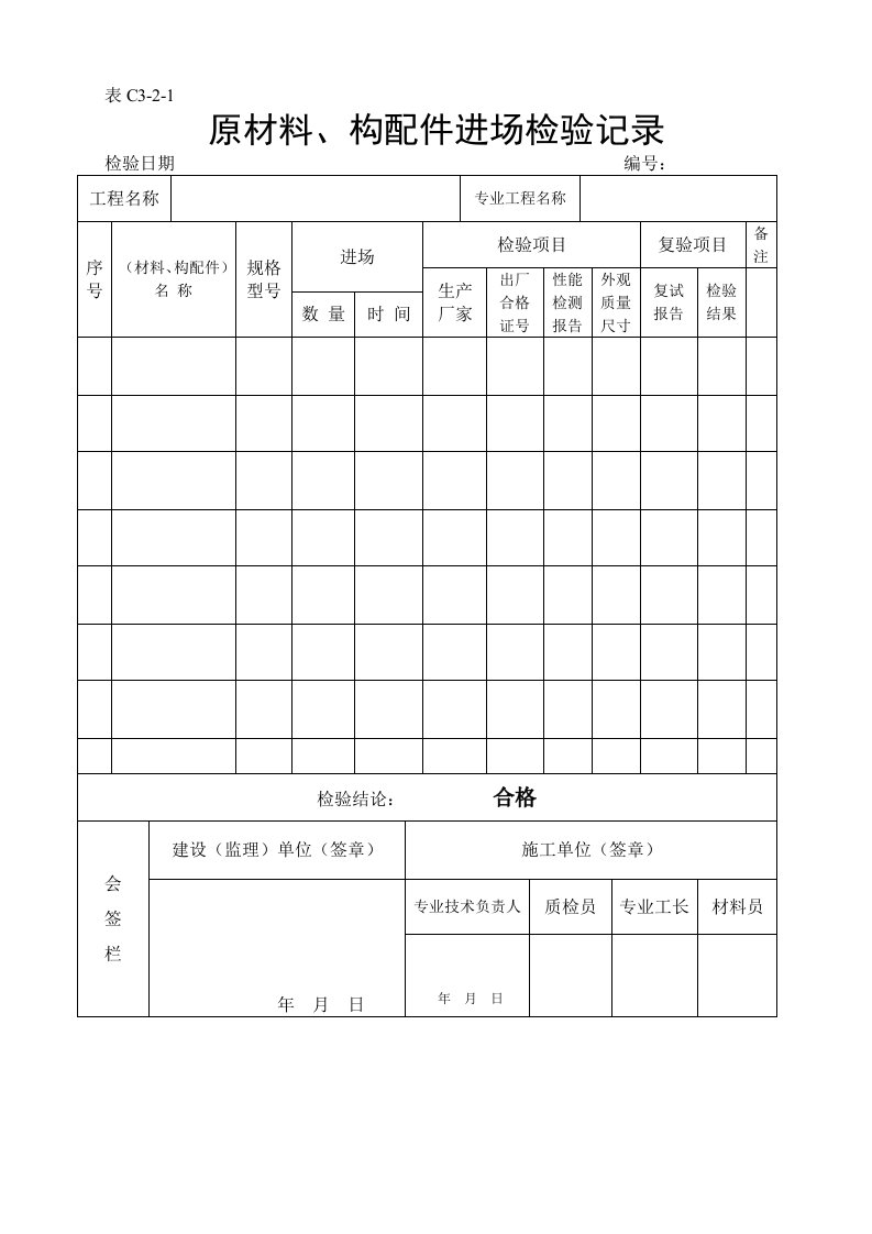 原材料、构配件进场检验记录